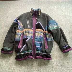 Vintage 80s Coat Womens‎ L Patchwork Quilt Multicolor Retro Wool Acrylic Jacket